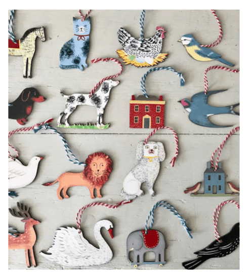 Hand-painted Wooden Ornaments by Elizabeth Harbour (Etsy)